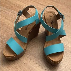 Tan and blue wedges.